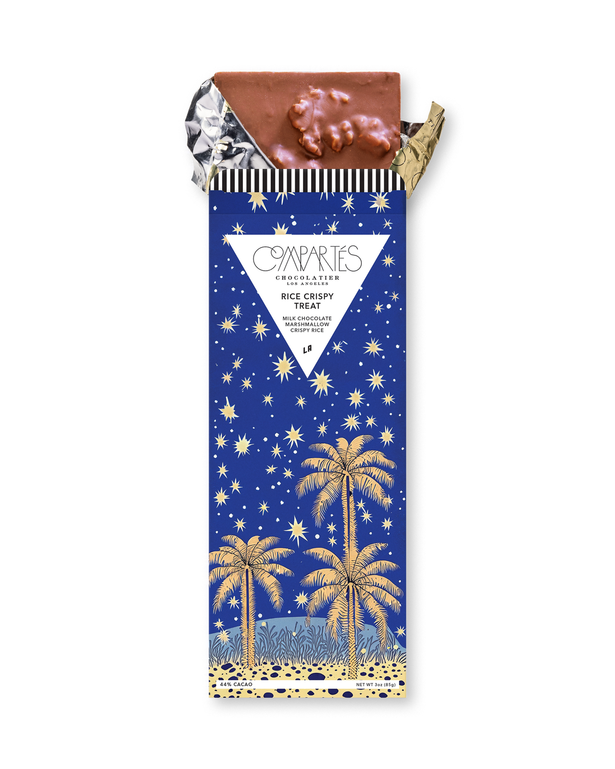 Compartes rice crispy treat gourmet chocolate gift bar, gold palms on deep blue wrapper, milk chocolate