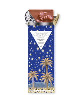 Compartes rice crispy treat gourmet chocolate gift bar, gold palms on deep blue wrapper, milk chocolate