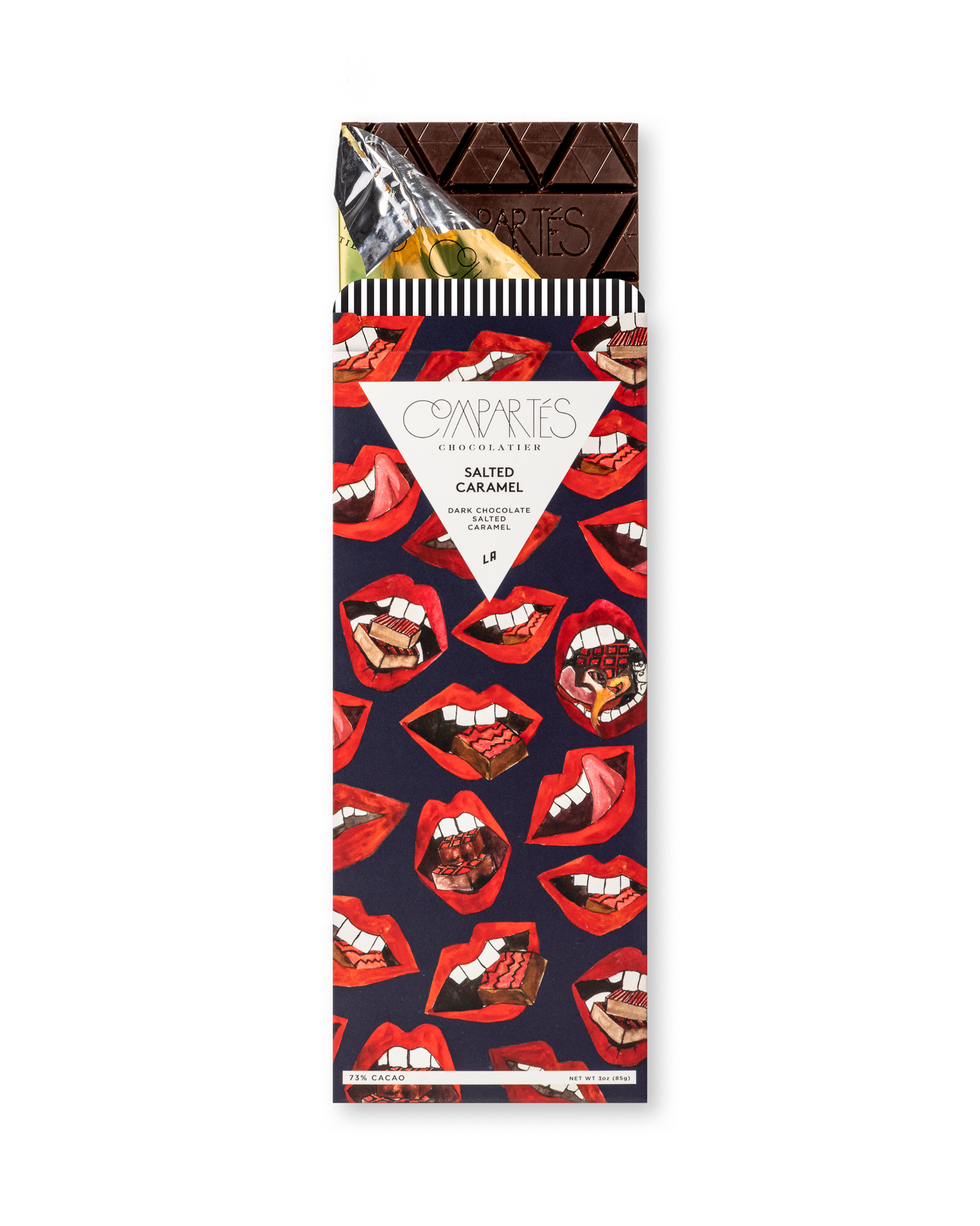 Compartes best salted caramel chocolate bar, dark chocolate in a red lips print wrapper, chocolate gift