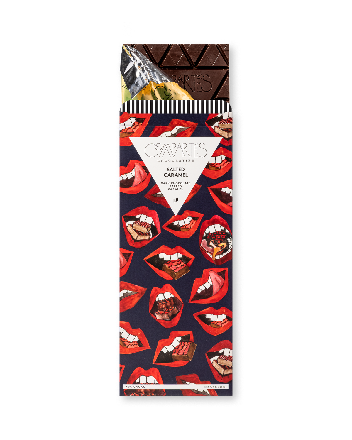 Compartes best salted caramel chocolate bar, dark chocolate in a red lips print wrapper, chocolate gift