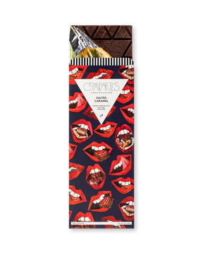 Compartes best salted caramel chocolate bar, dark chocolate in a red lips print wrapper, chocolate gift