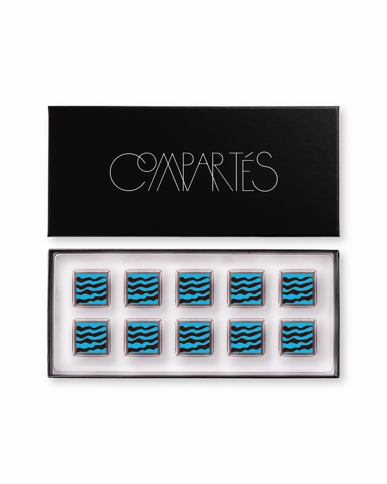 Compartes best salted caramels, dark chocolate sea salt squares in deep blue wave patterns, chocolate gift