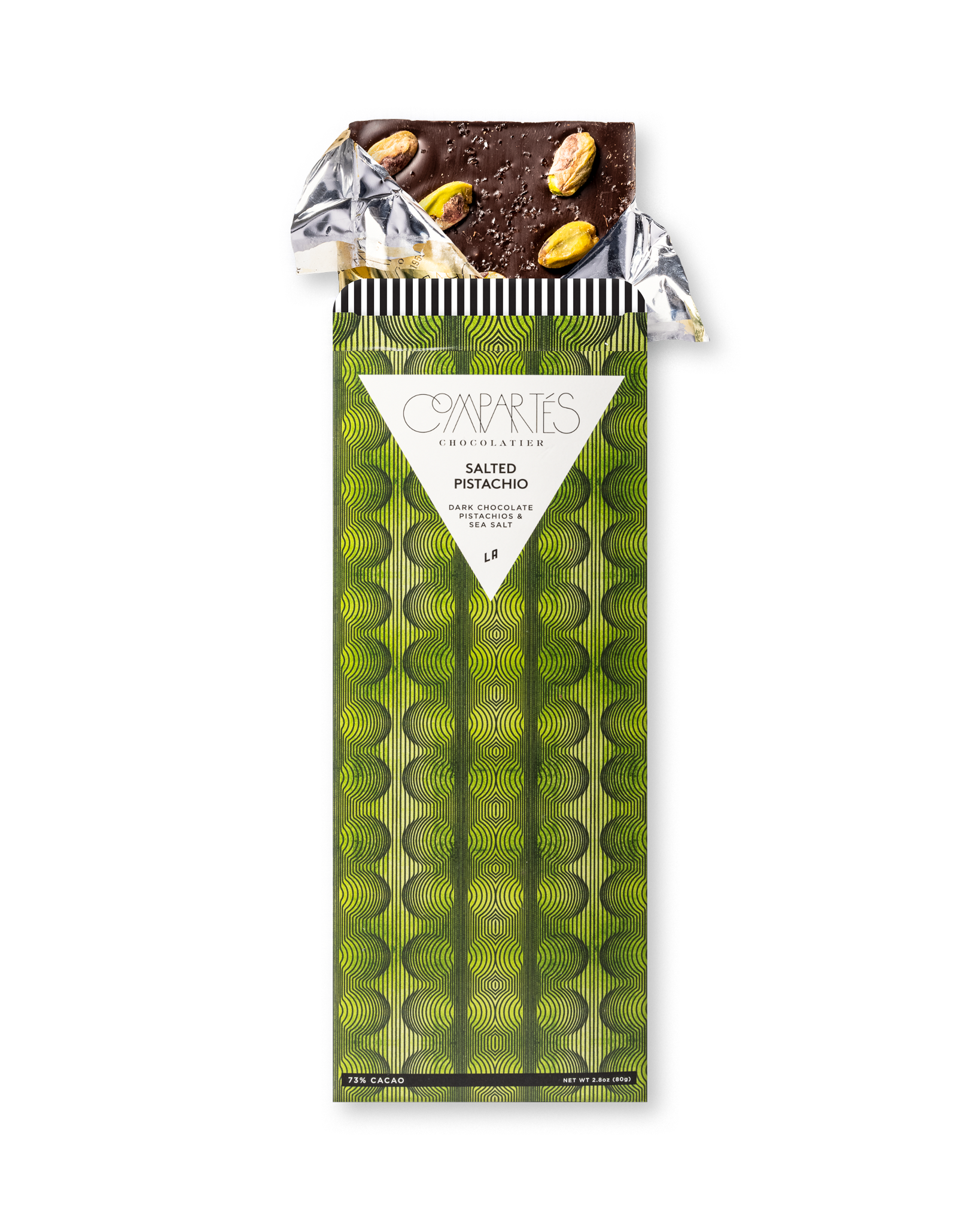 Compartes best chocolate gift bar, dark chocolate with pistachios and sea salt in a green wrapper