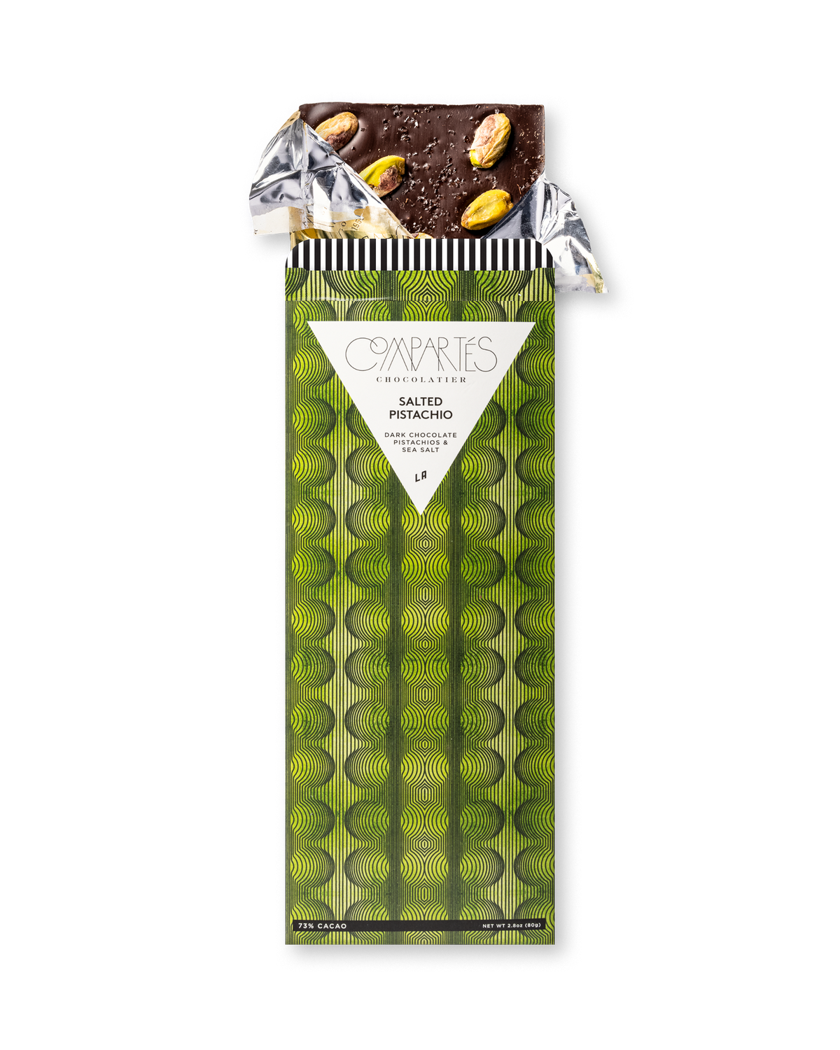 Compartes best chocolate gift bar, dark chocolate with pistachios and sea salt in a green wrapper
