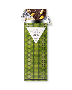 Compartes best chocolate gift bar, dark chocolate with pistachios and sea salt in a green wrapper