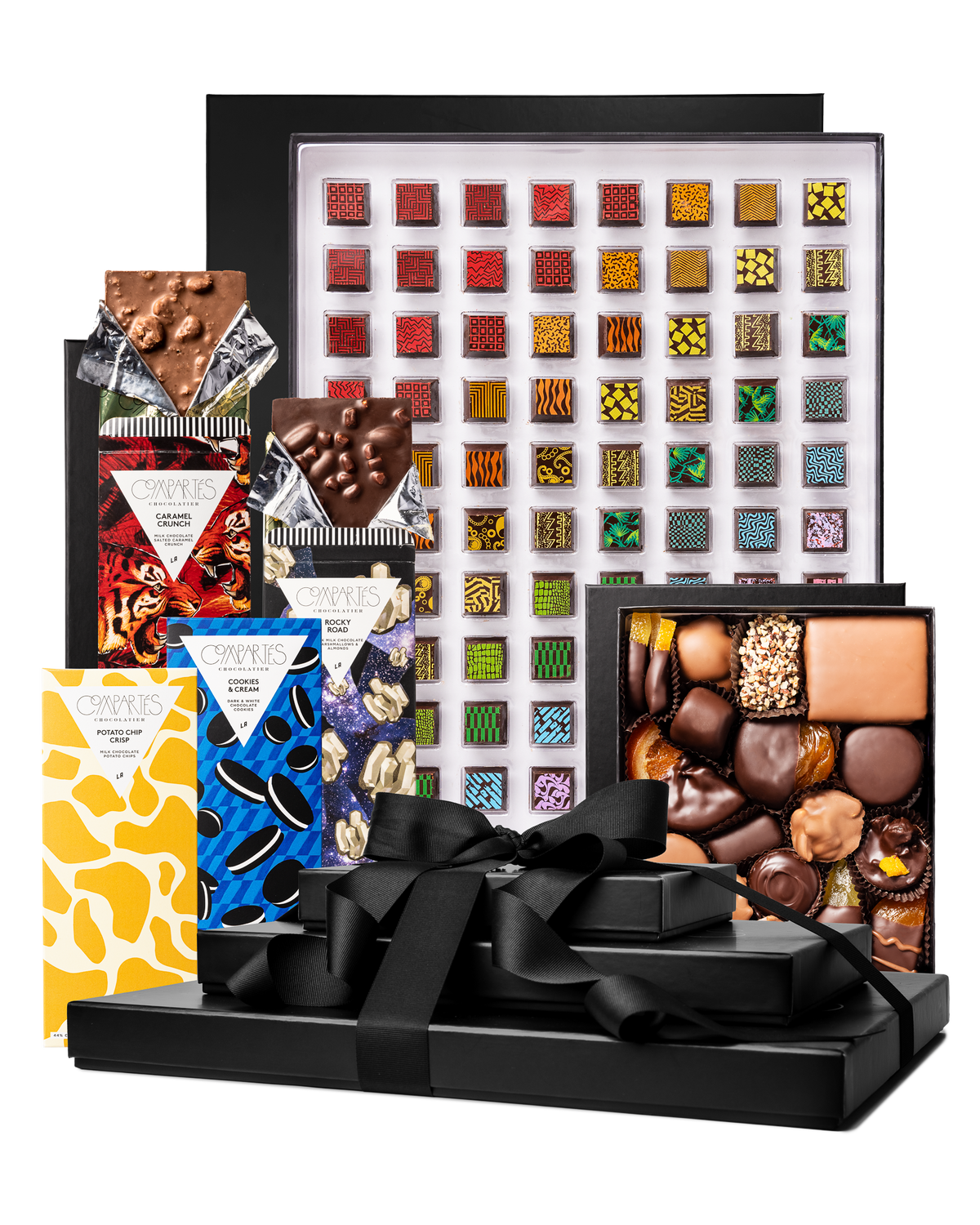 Compartes gourmet imperial chocolate gift tower, black boxes with a ribbon, patterned truffles, bars and caramels