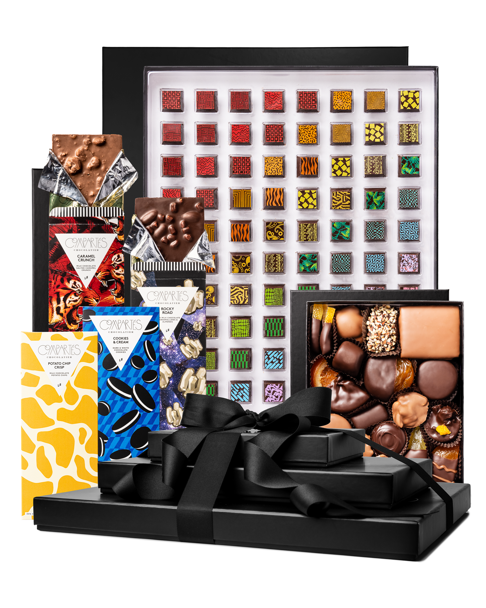 Compartes gourmet imperial chocolate gift tower, black boxes with a ribbon, patterned truffles, bars and caramels