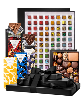 Compartes gourmet imperial chocolate gift tower, black boxes with a ribbon, patterned truffles, bars and caramels