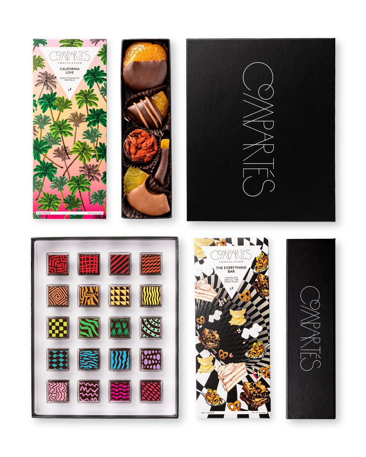 Compartes gourmet signature chocolate gift tower, black boxes with printed bars, truffles and designer chocolates