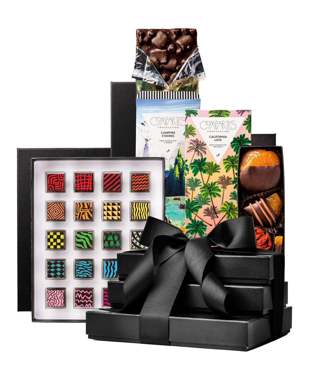 Compartes gourmet signature chocolate gift tower, black boxes with a satin bow, designer chocolates and bars