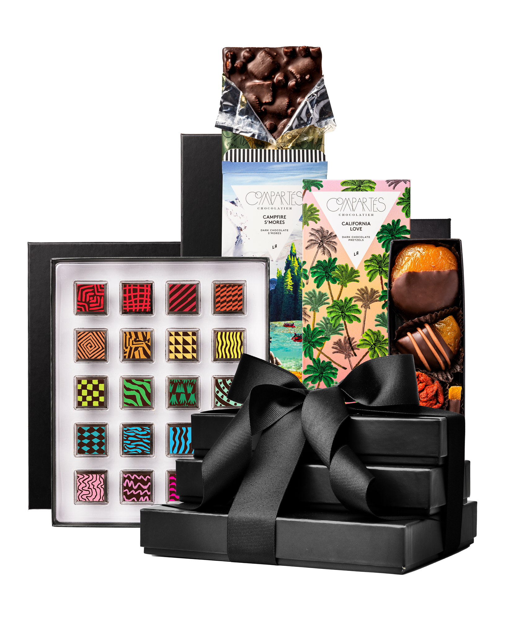 Compartes gourmet signature chocolate gift tower, black boxes with a satin bow, designer chocolates and bars
