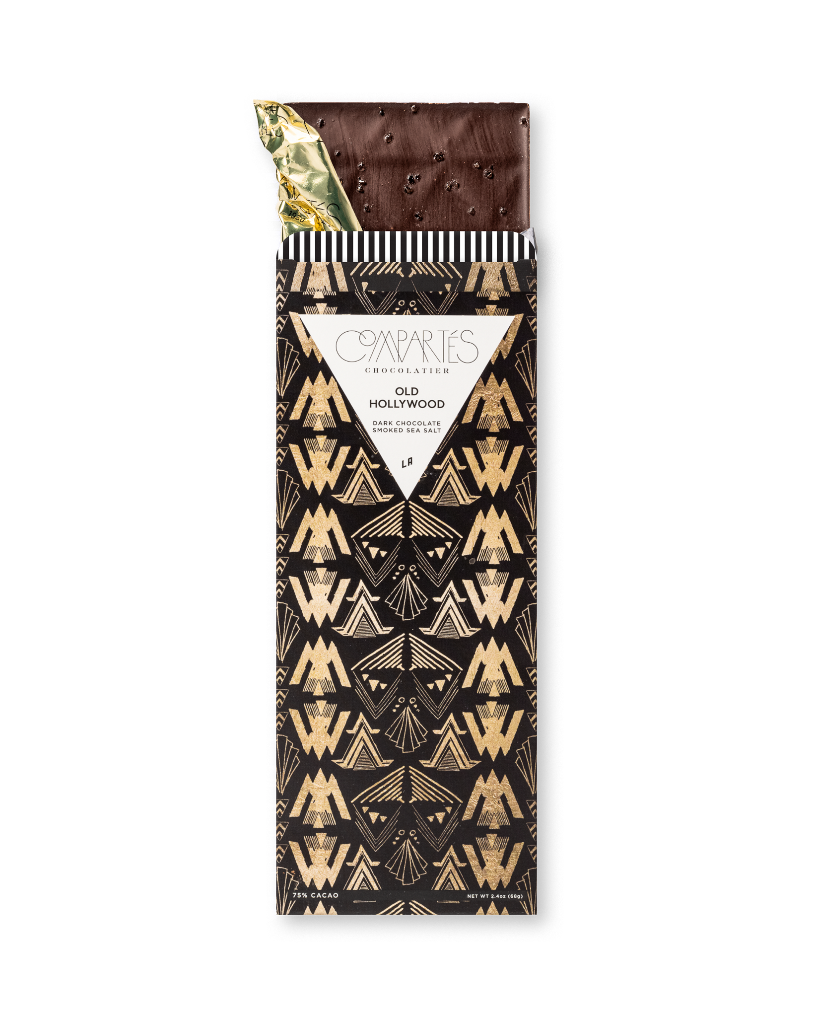 Compartes luxury smoked sea salt dark chocolate gift bar, black and gold art deco wrapper