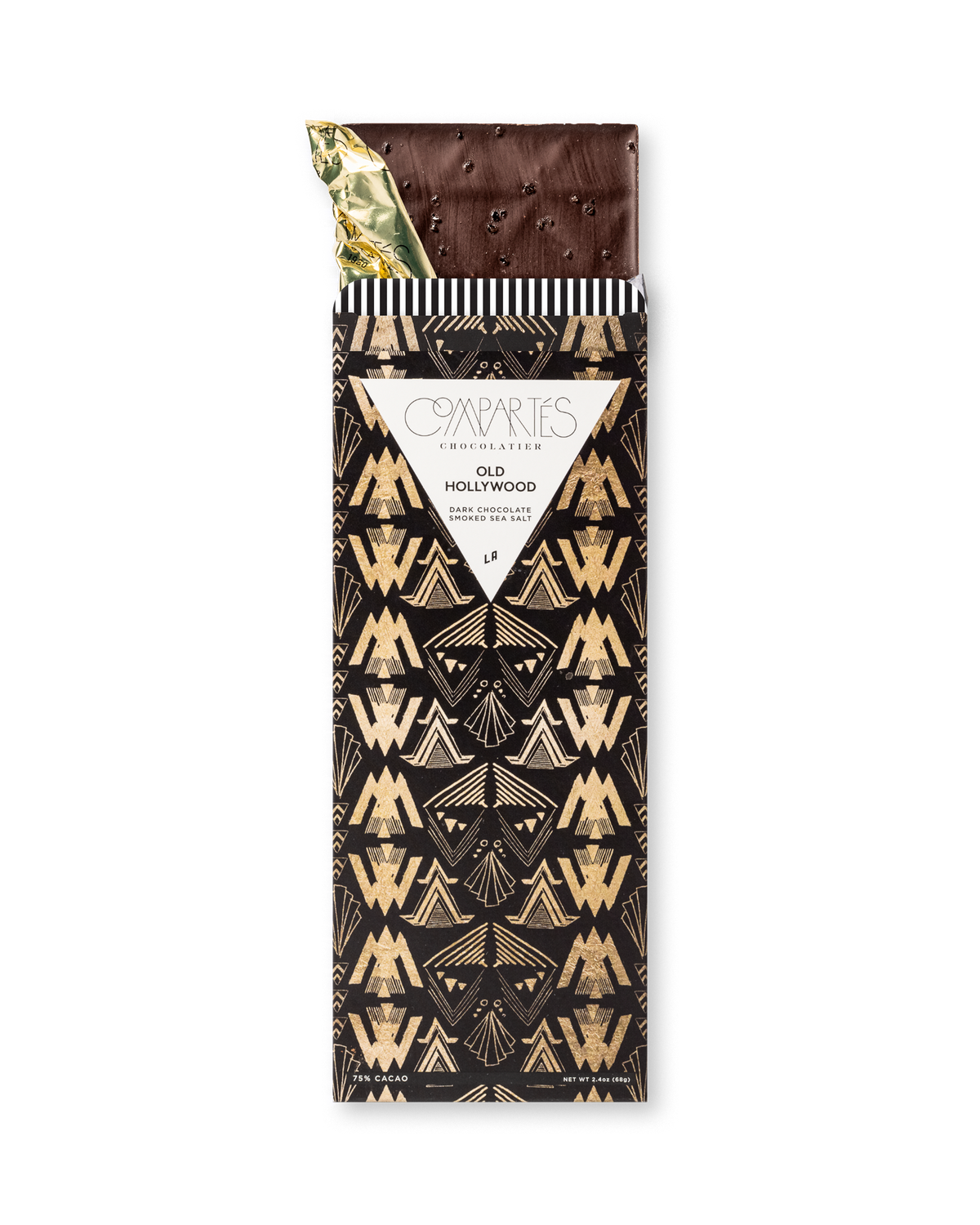 Compartes luxury smoked sea salt dark chocolate gift bar, black and gold art deco wrapper
