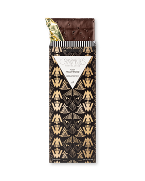 Compartes luxury smoked sea salt dark chocolate gift bar, black and gold art deco wrapper