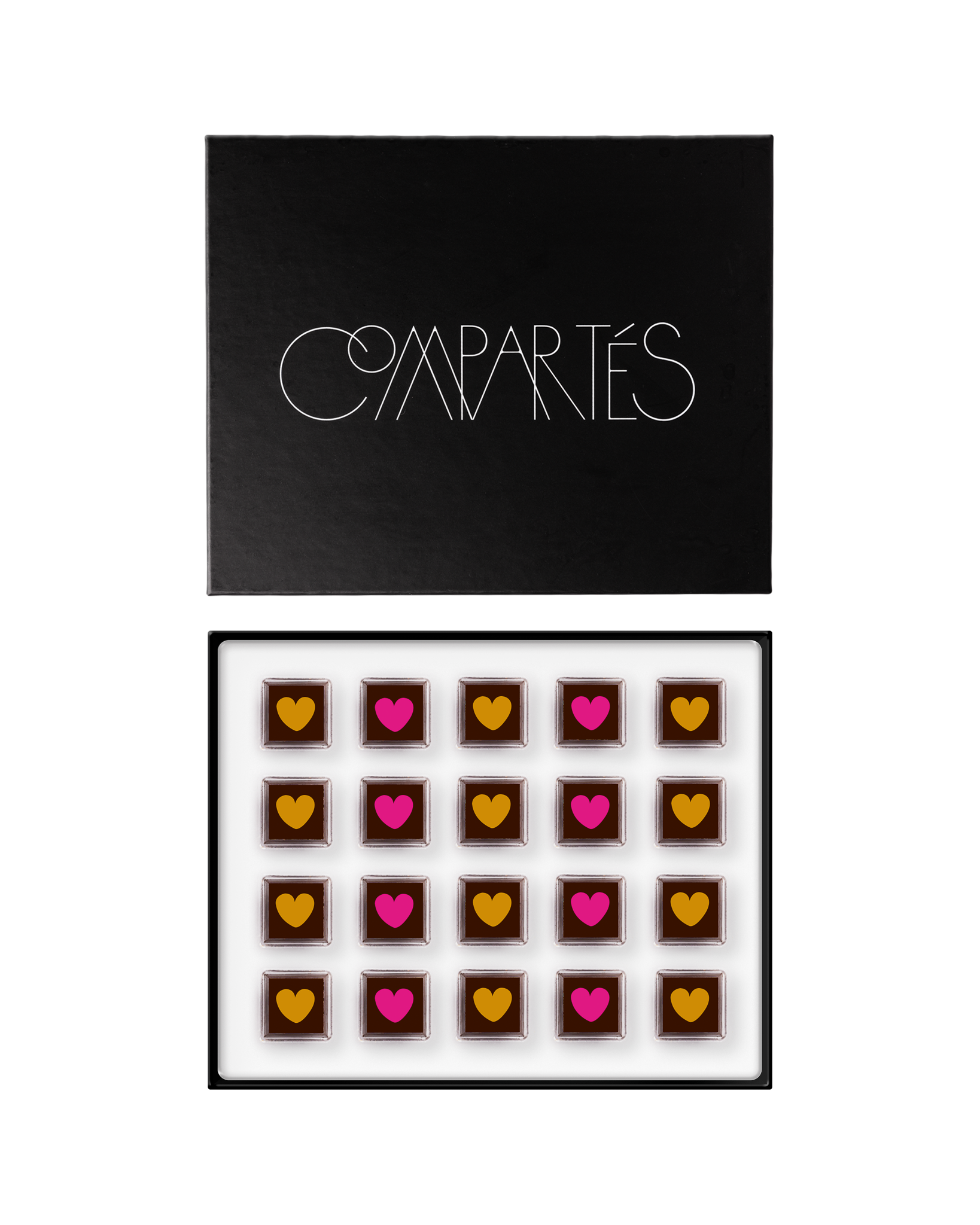 Compartes luxury sparkling rose and champagne chocolates, pink and gold heart squares, chocolate gift