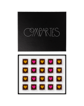 Compartes luxury sparkling rose and champagne chocolates, pink and gold heart squares, chocolate gift