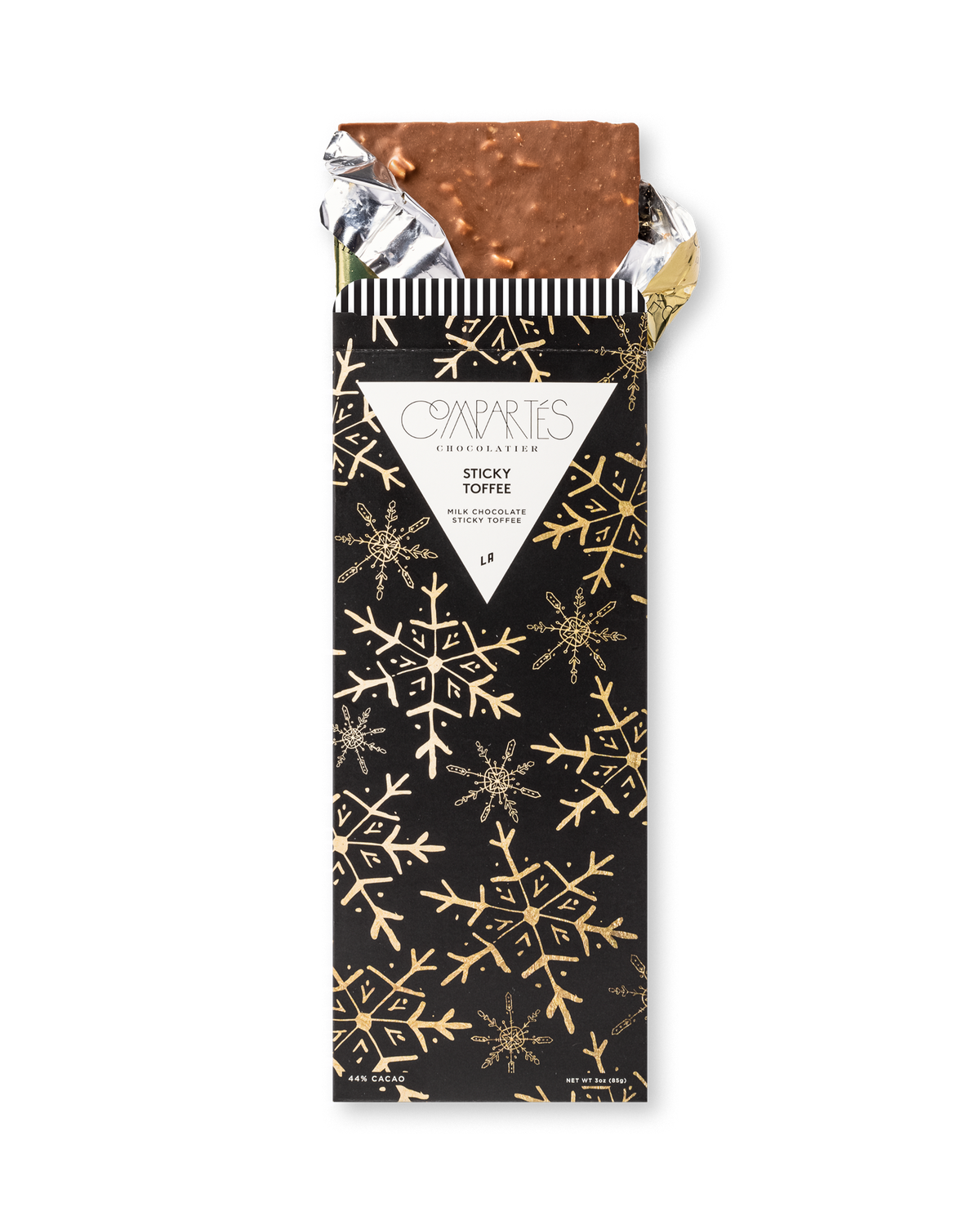 Compartes gourmet sticky toffee chocolate bar, milk chocolate in a black and gold snowflake wrapper, chocolate gift, date