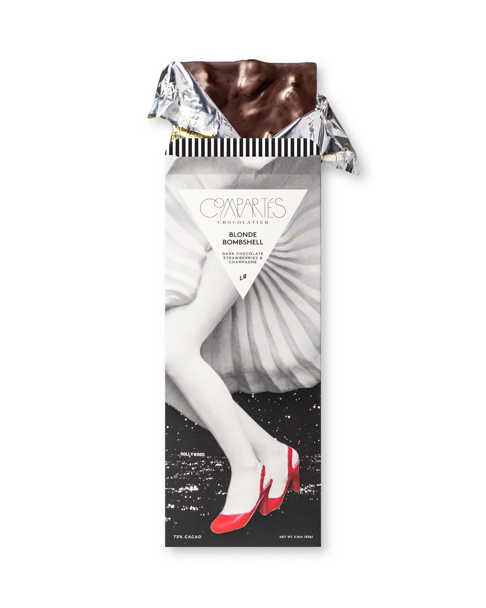 Compartes luxury strawberry champagne dark chocolate bar, red heels wrapper art, chocolate gift