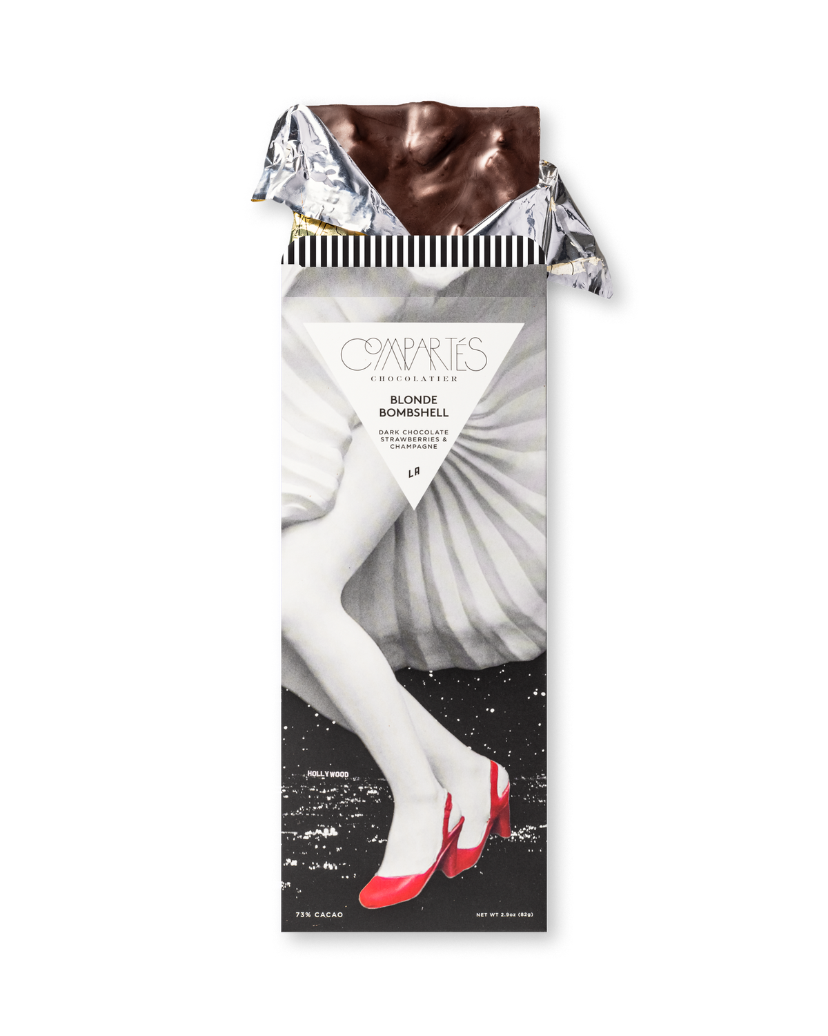 Compartes luxury strawberry champagne dark chocolate bar, red heels wrapper art, chocolate gift
