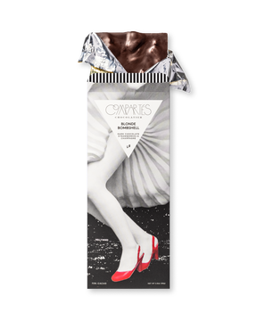 Compartes luxury strawberry champagne dark chocolate bar, red heels wrapper art, chocolate gift