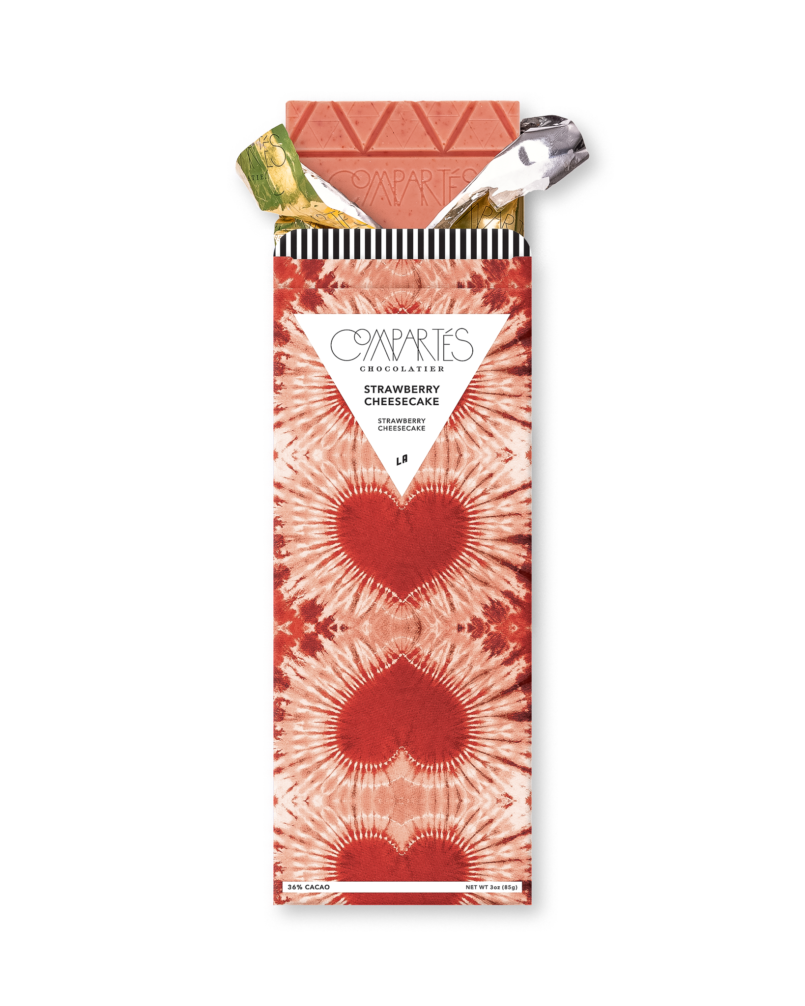 Compartes gourmet strawberry cheesecake chocolate bar, pink and red heart print wrapper, chocolate gift