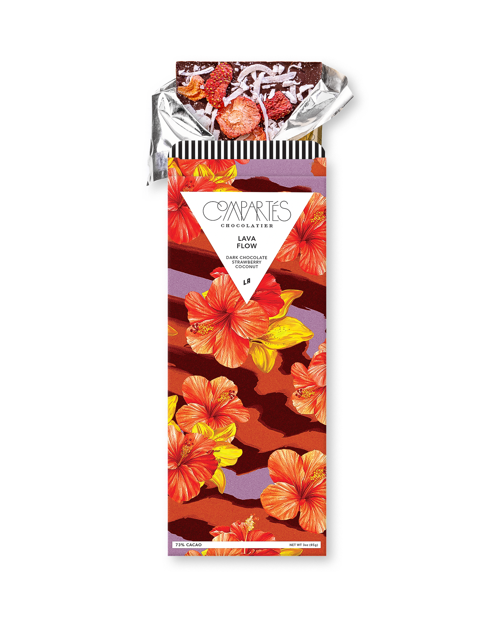 Compartes gourmet chocolate gift bar, dark chocolate strawberry coconut in a deep red hibiscus wrapper