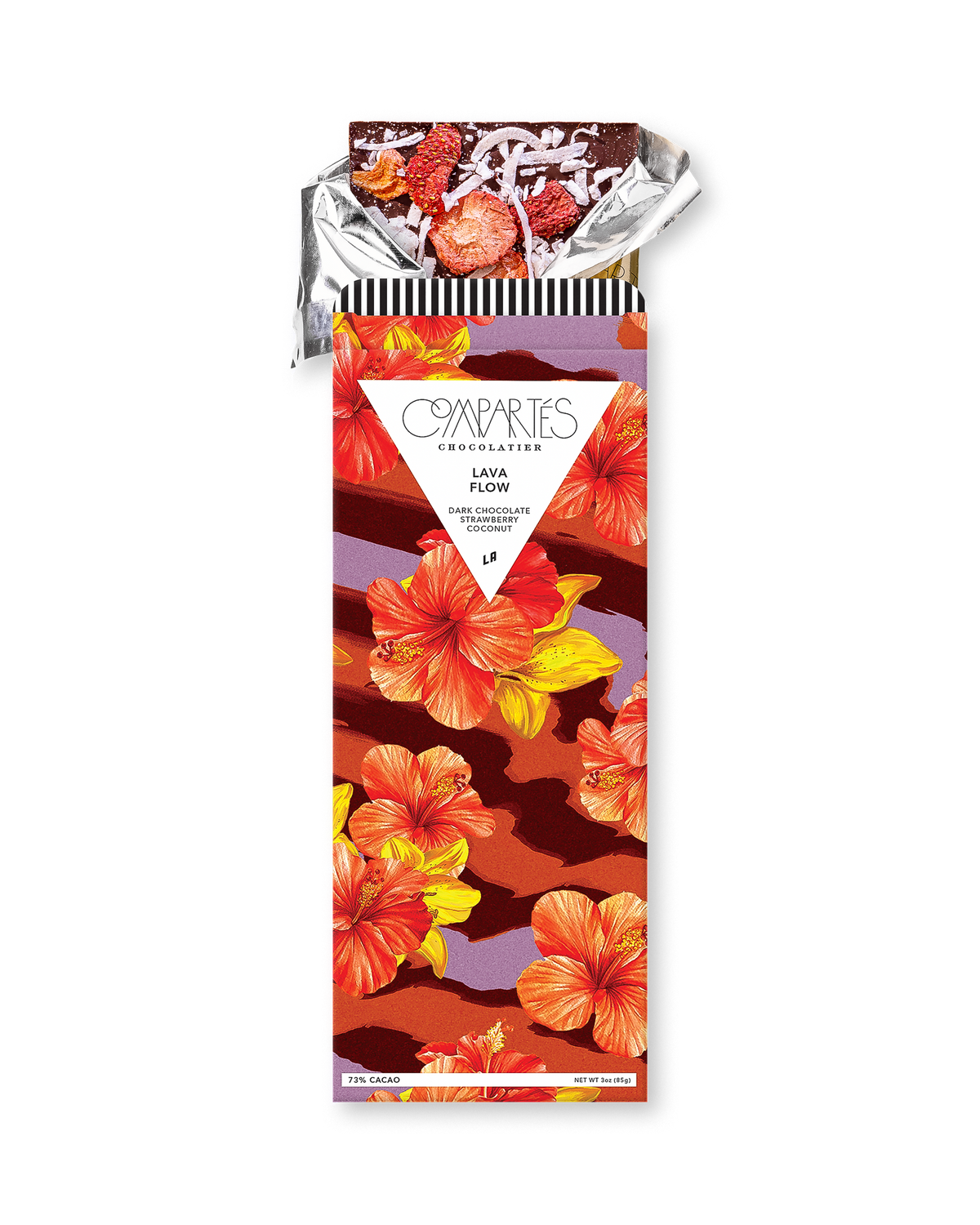 Compartes gourmet chocolate gift bar, dark chocolate strawberry coconut in a deep red hibiscus wrapper