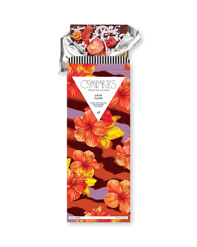 Compartes gourmet chocolate gift bar, dark chocolate strawberry coconut in a deep red hibiscus wrapper