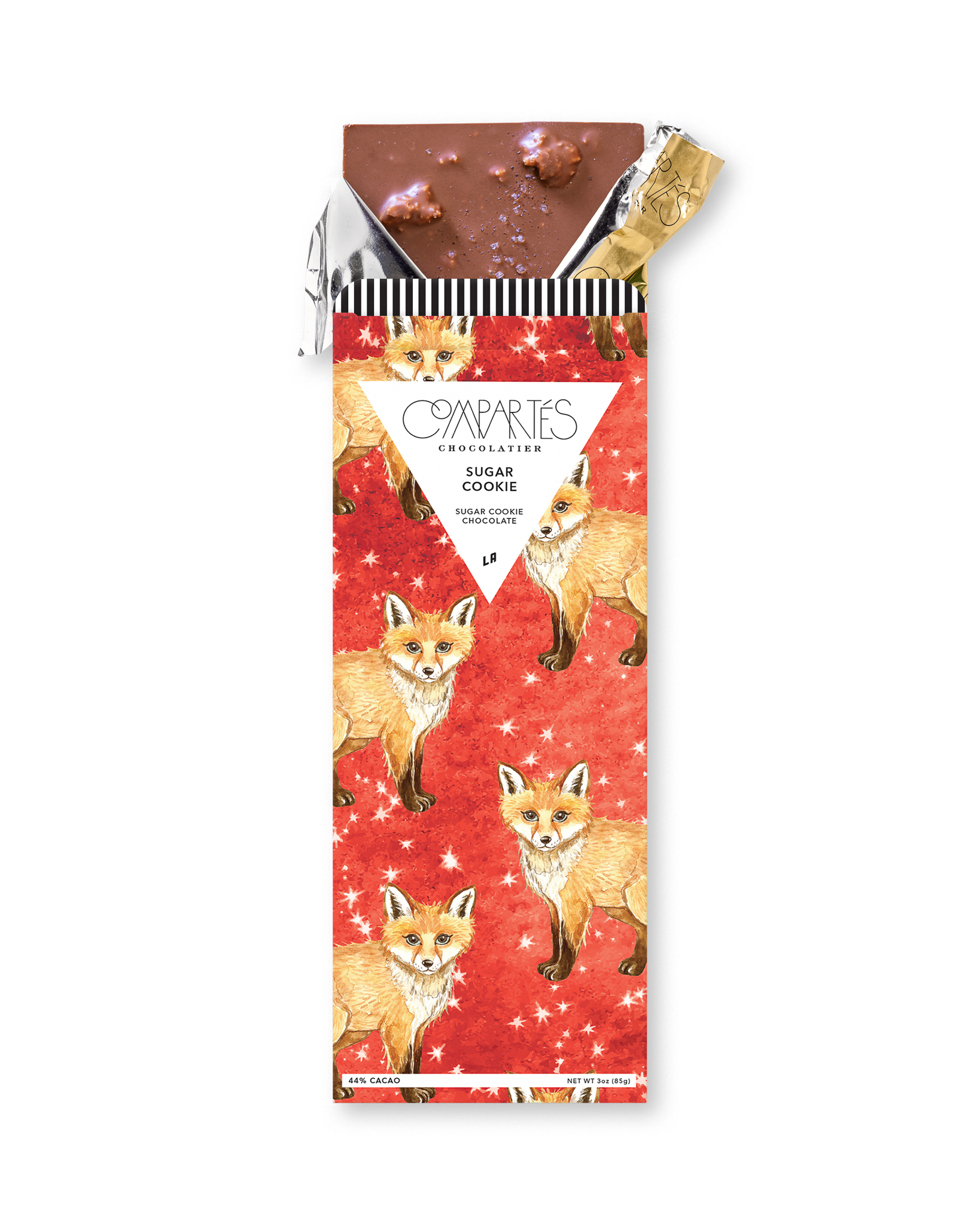 Compartes luxury chocolate gift bar, milk chocolate sugar cookie in a deep red fox wrapper