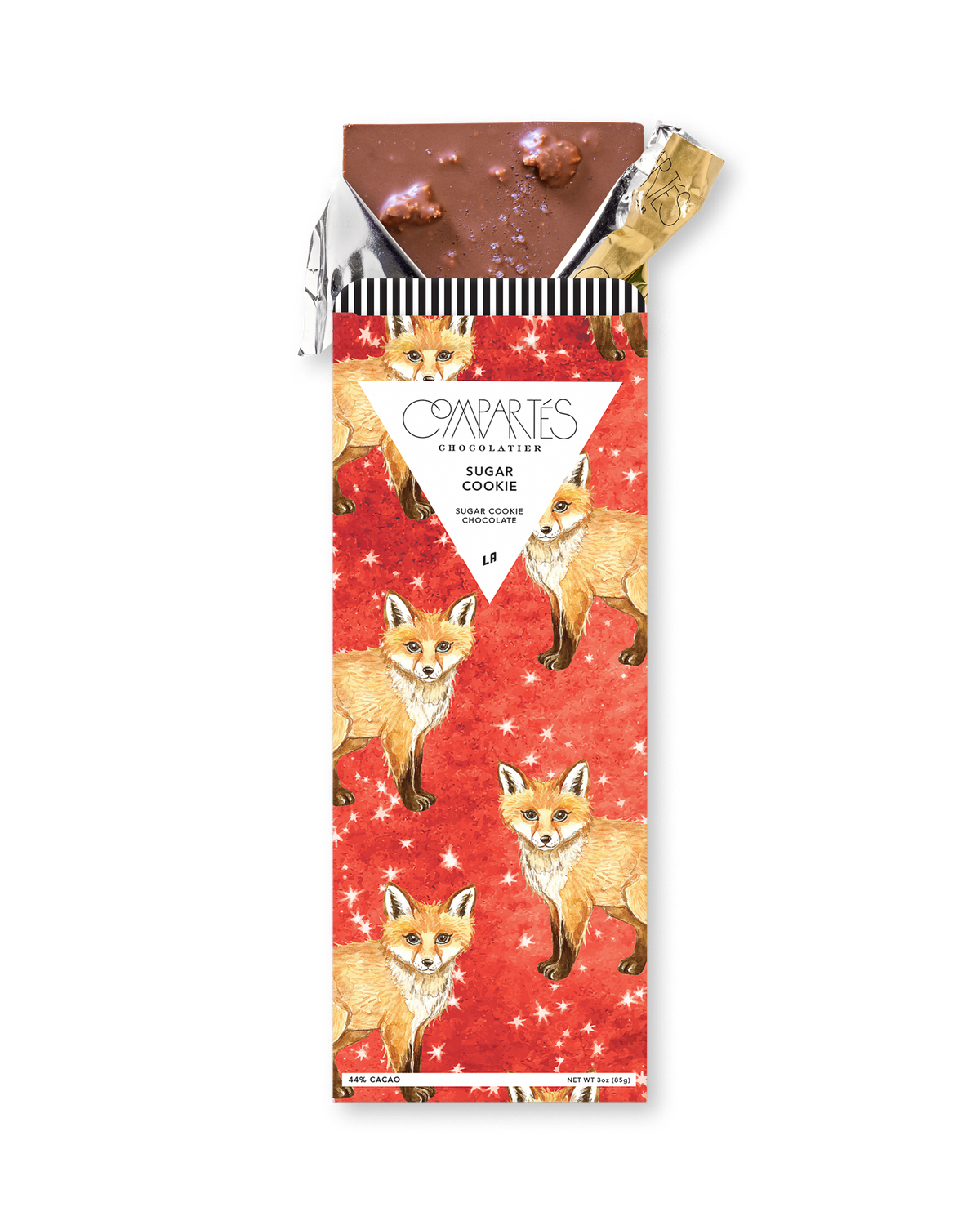 Compartes luxury chocolate gift bar, milk chocolate sugar cookie in a deep red fox wrapper