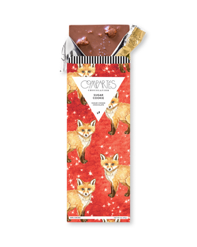 Compartes luxury chocolate gift bar, milk chocolate sugar cookie in a deep red fox wrapper