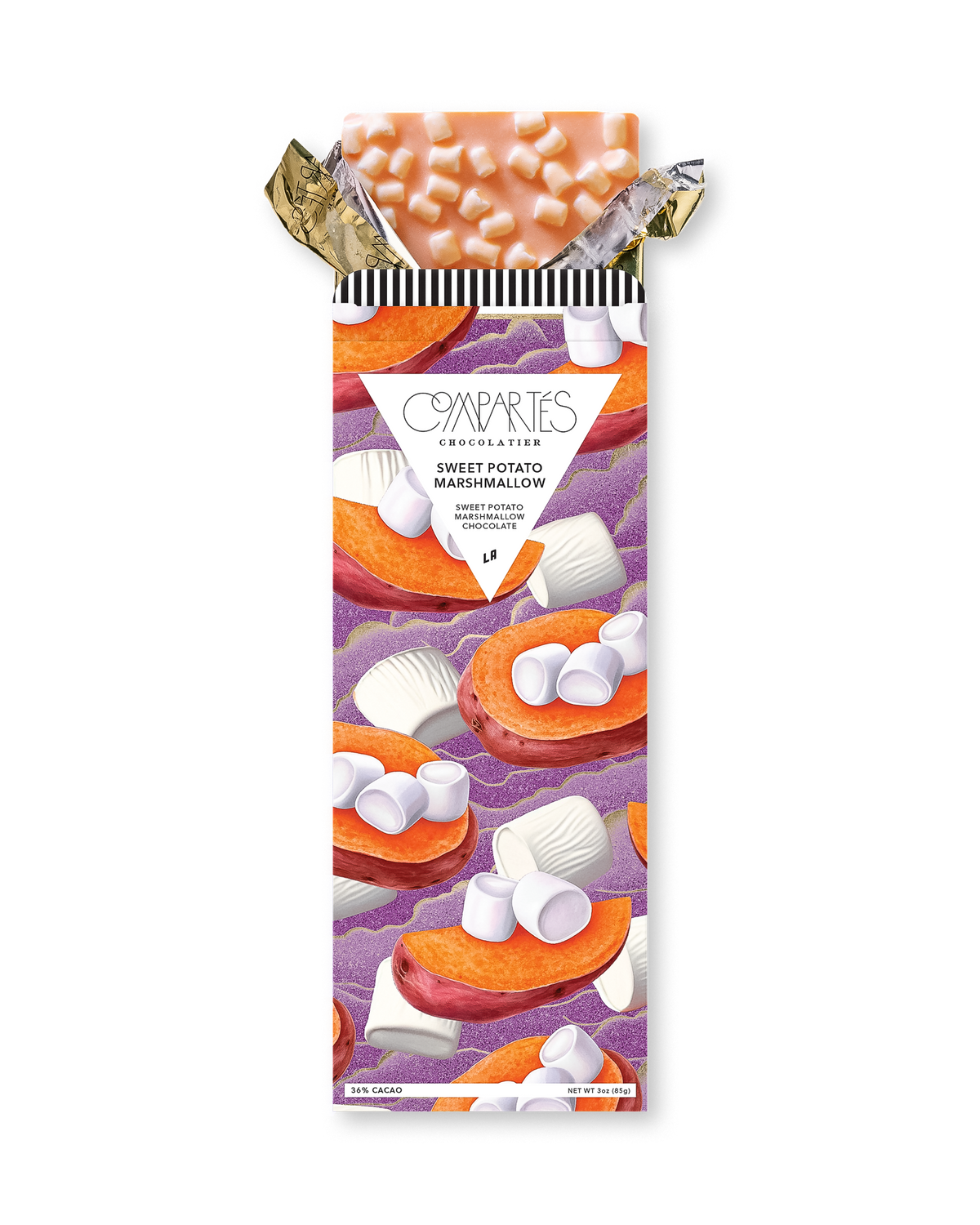 Compartes gourmet sweet potato marshmallow chocolate bar, purple and orange wrapper, chocolate gift