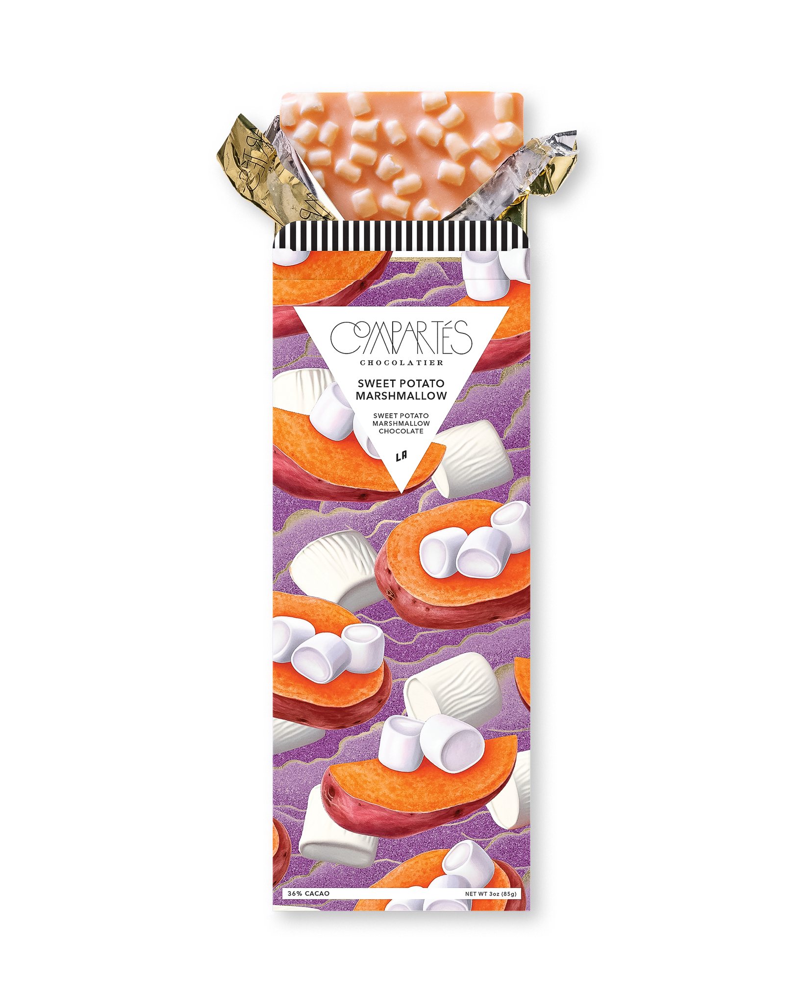 Compartes gourmet sweet potato marshmallow chocolate bar, purple and orange wrapper, chocolate gift