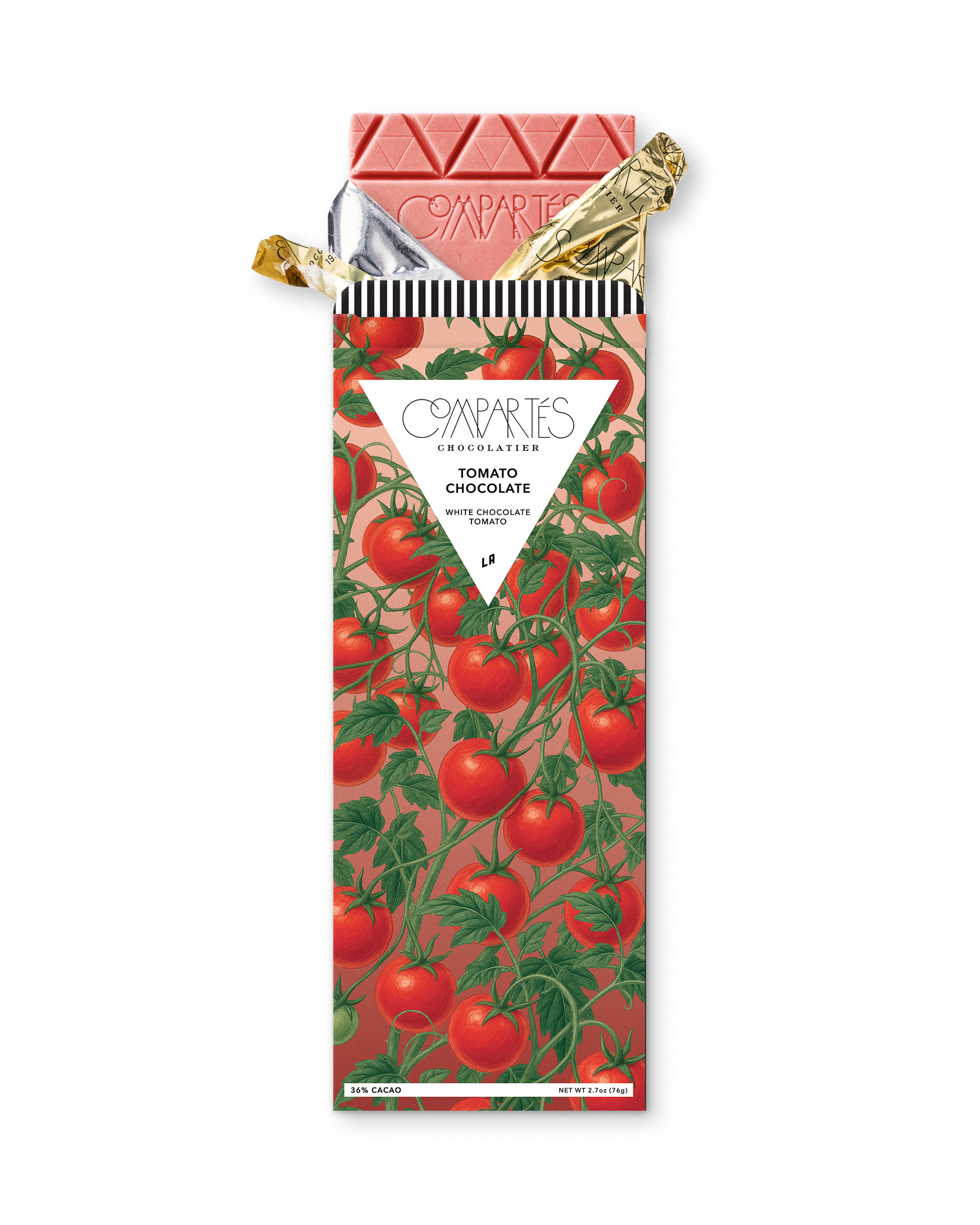 Compartes best tomato chocolate bar gift, red tinted white chocolate in a tomato vine wrapper