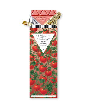 Compartes best tomato chocolate bar gift, red tinted white chocolate in a tomato vine wrapper