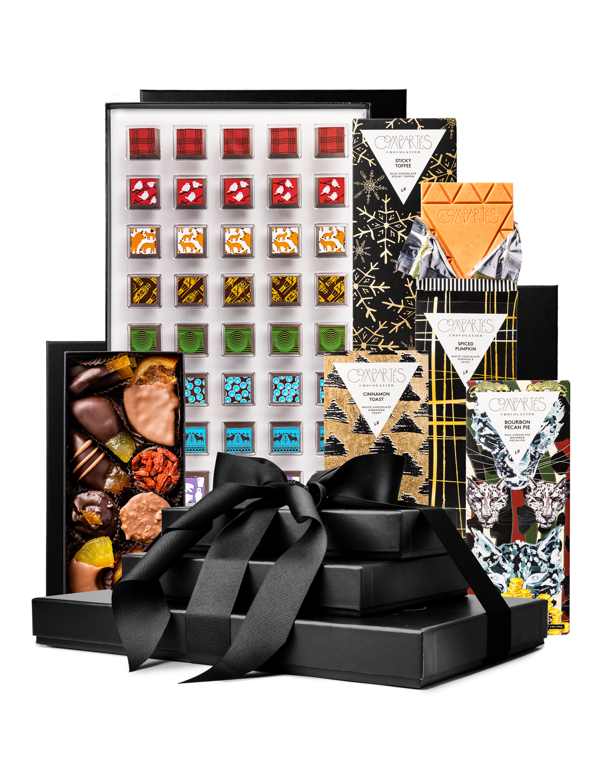 Compartes best the ultimate Christmas chocolate gift tower, black boxes with a satin bow, bars and chocolates