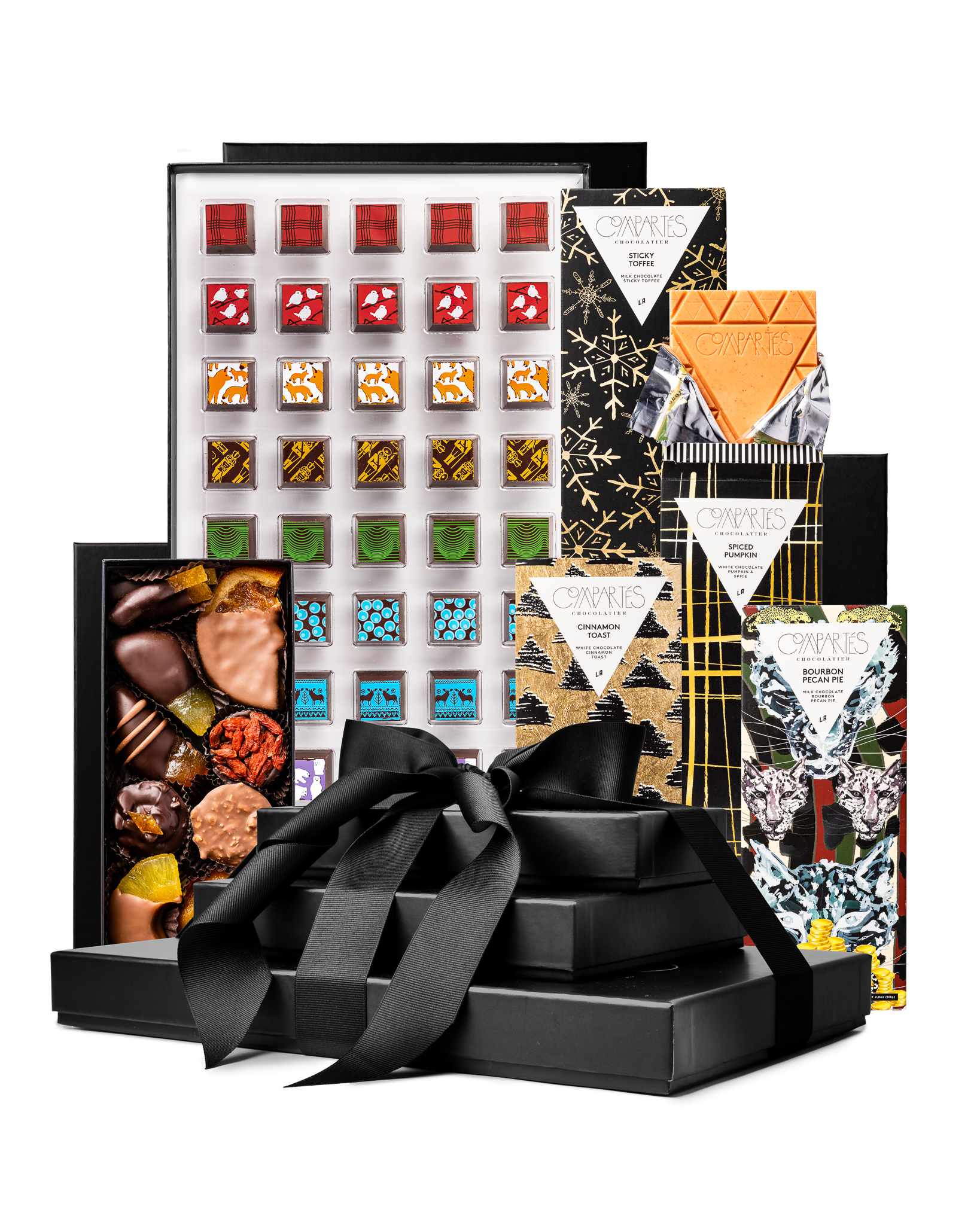 Compartes best the ultimate Christmas chocolate gift tower, black boxes with a satin bow, bars and chocolates