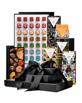 Compartes best the ultimate Christmas chocolate gift tower, black boxes with a satin bow, bars and chocolates