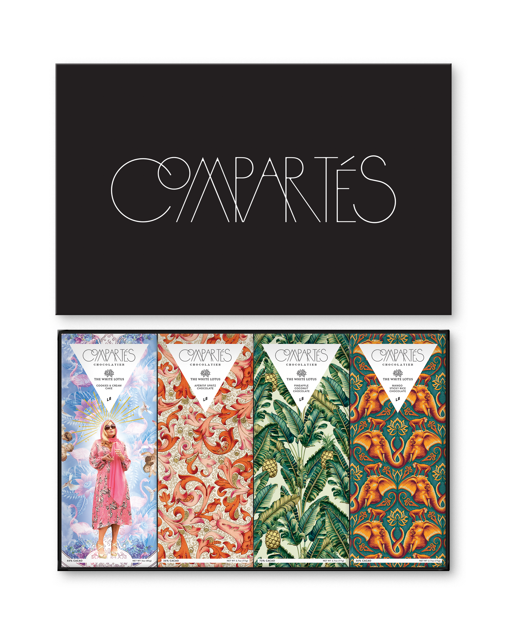 Compartes best chocolate bar gift set, White Lotus wrappers in coral, green palm and teal elephant art