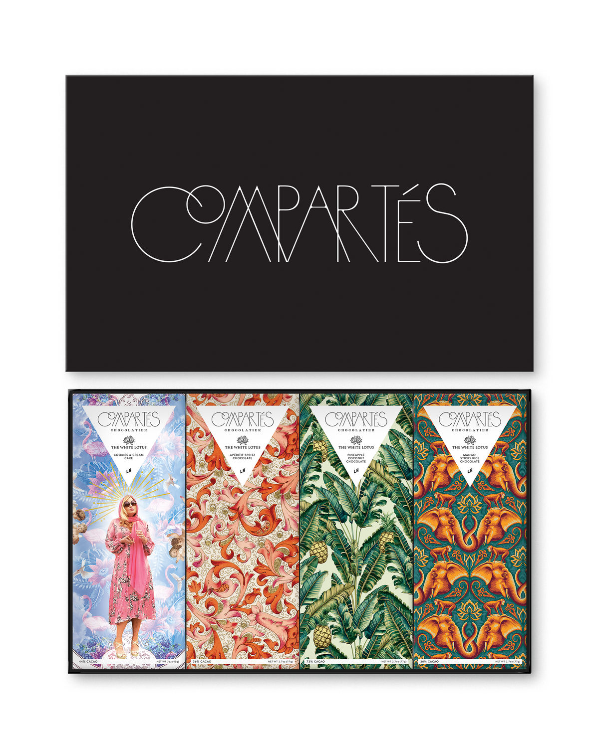 Compartes best chocolate bar gift set, White Lotus wrappers in coral, green palm and teal elephant art