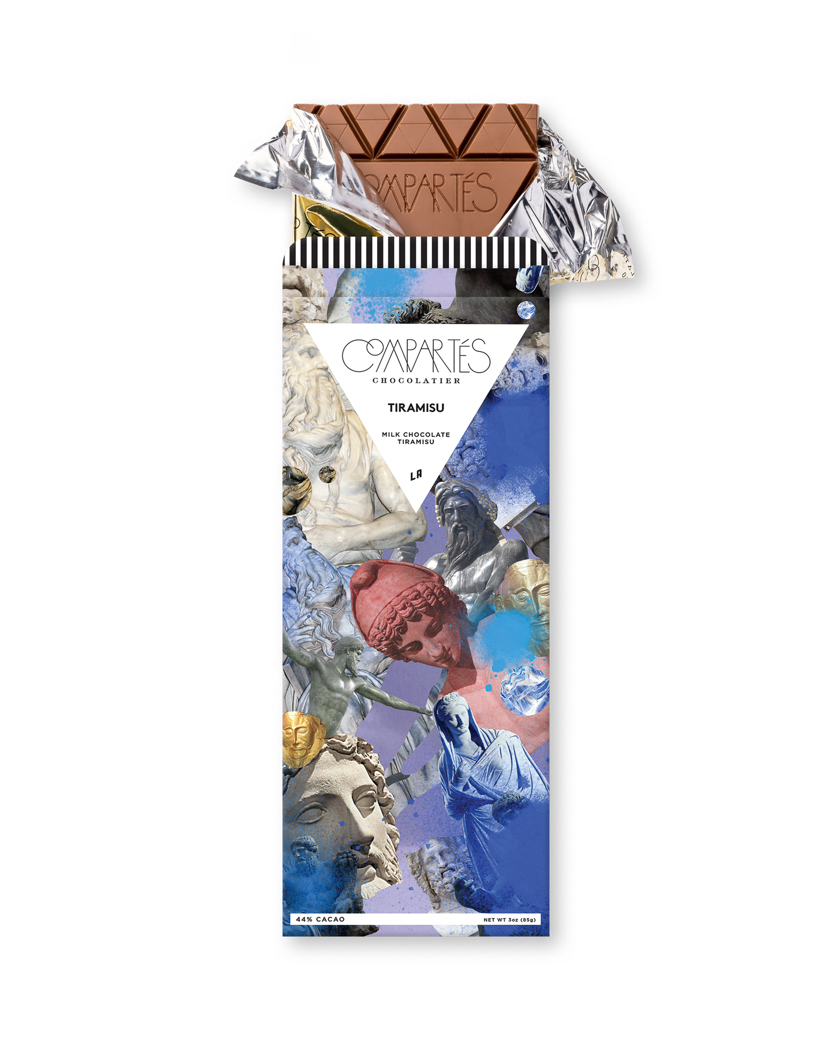 Compartes luxury tiramisu chocolate bar, milk chocolate in a blue classical statue wrapper, chocolate gift