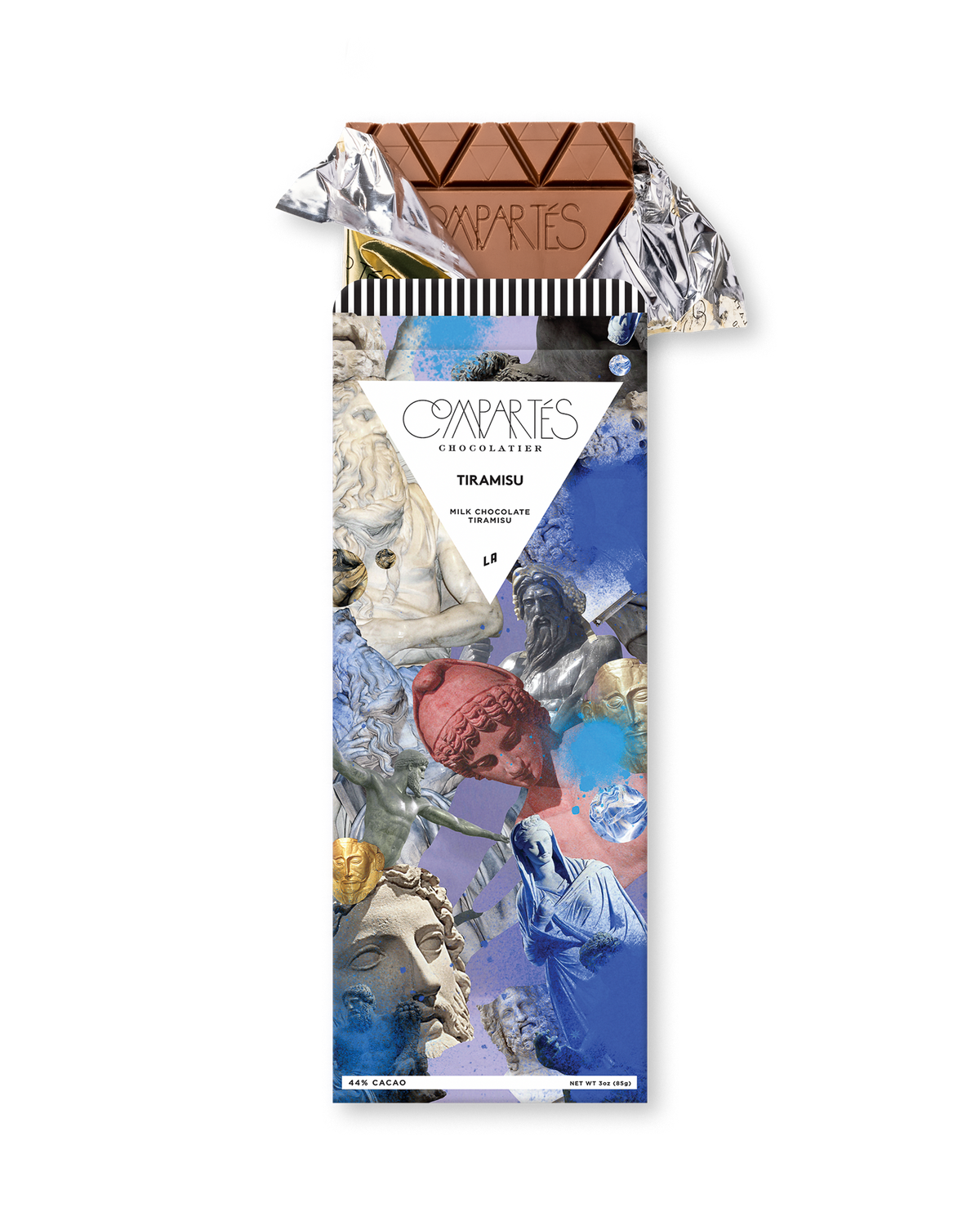 Compartes luxury tiramisu chocolate bar, milk chocolate in a blue classical statue wrapper, chocolate gift