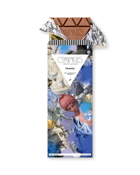 Compartes luxury tiramisu chocolate bar, milk chocolate in a blue classical statue wrapper, chocolate gift