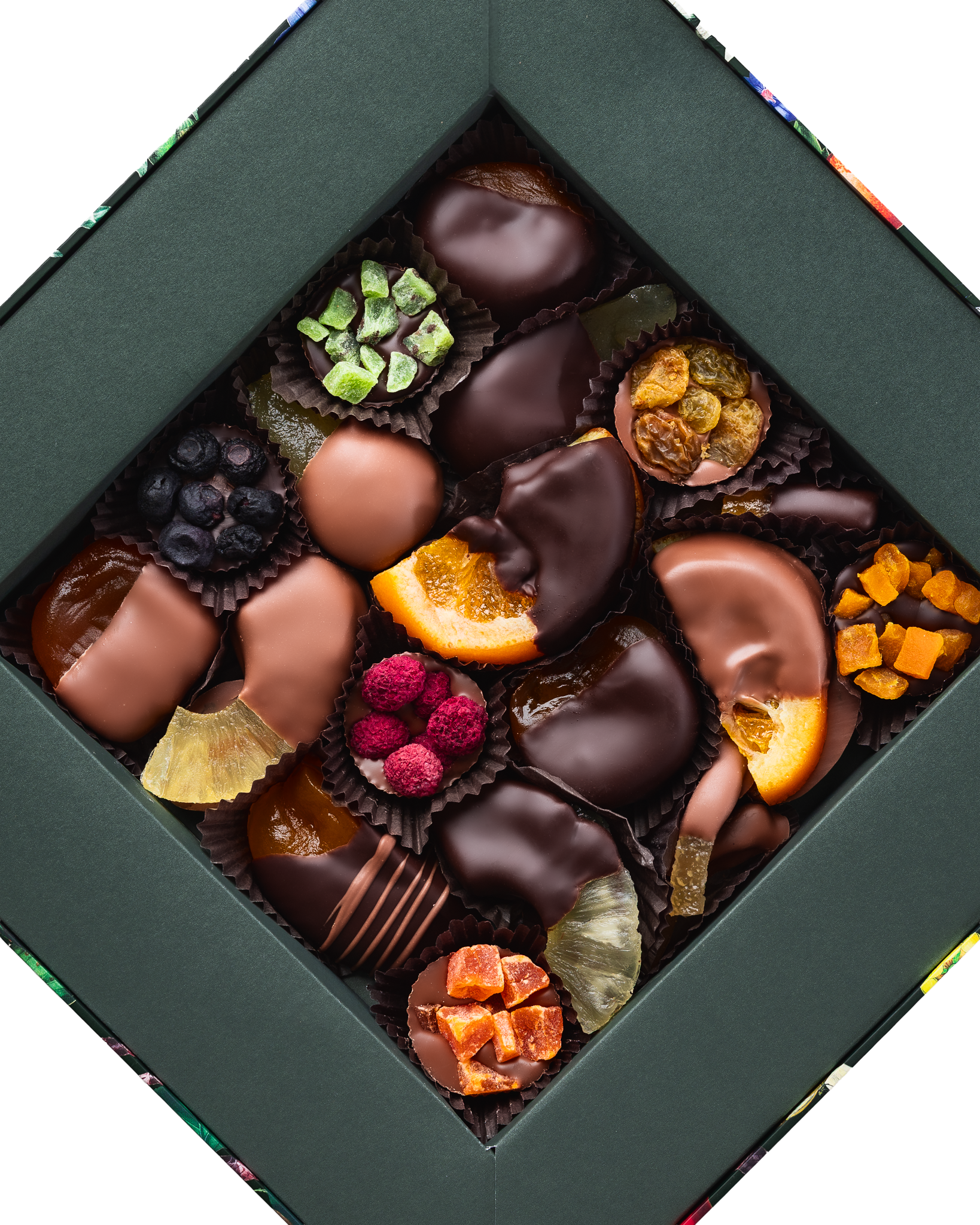 Compartes luxury treasures of the orchard chocolate fruit gift box, dipped orange and apricot, deep green box