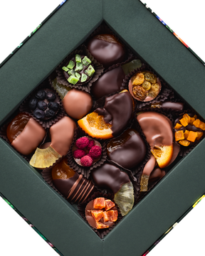 Compartes luxury treasures of the orchard chocolate fruit gift box, dipped orange and apricot, deep green box