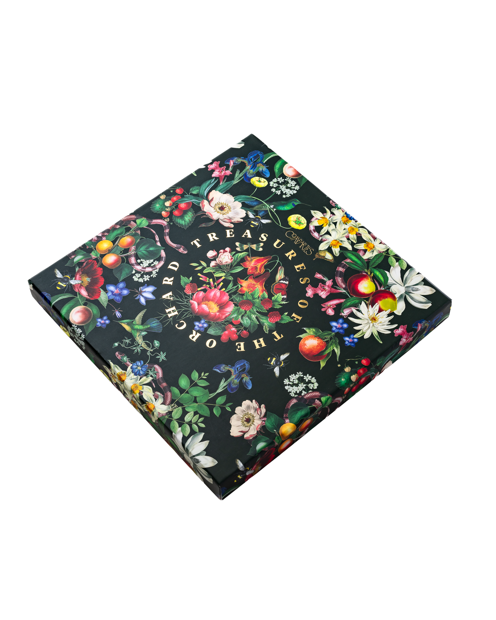 Compartes luxury treasures of the orchard chocolate fruit gift box, dark floral lid with gold lettering