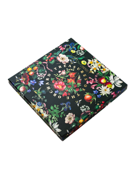 Compartes luxury treasures of the orchard chocolate fruit gift box, dark floral lid with gold lettering