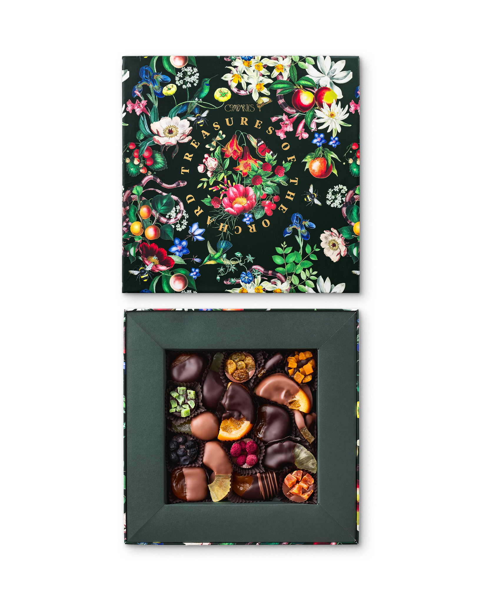 Compartes luxury chocolate fruit gift box, dark chocolate dipped fruit under a deep green botanical lid