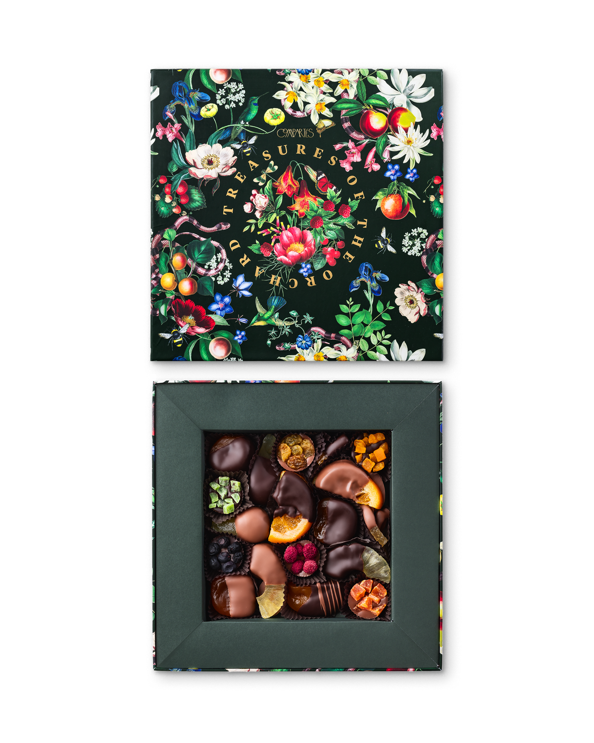 Compartes luxury chocolate fruit gift box, dark chocolate dipped fruit under a deep green botanical lid