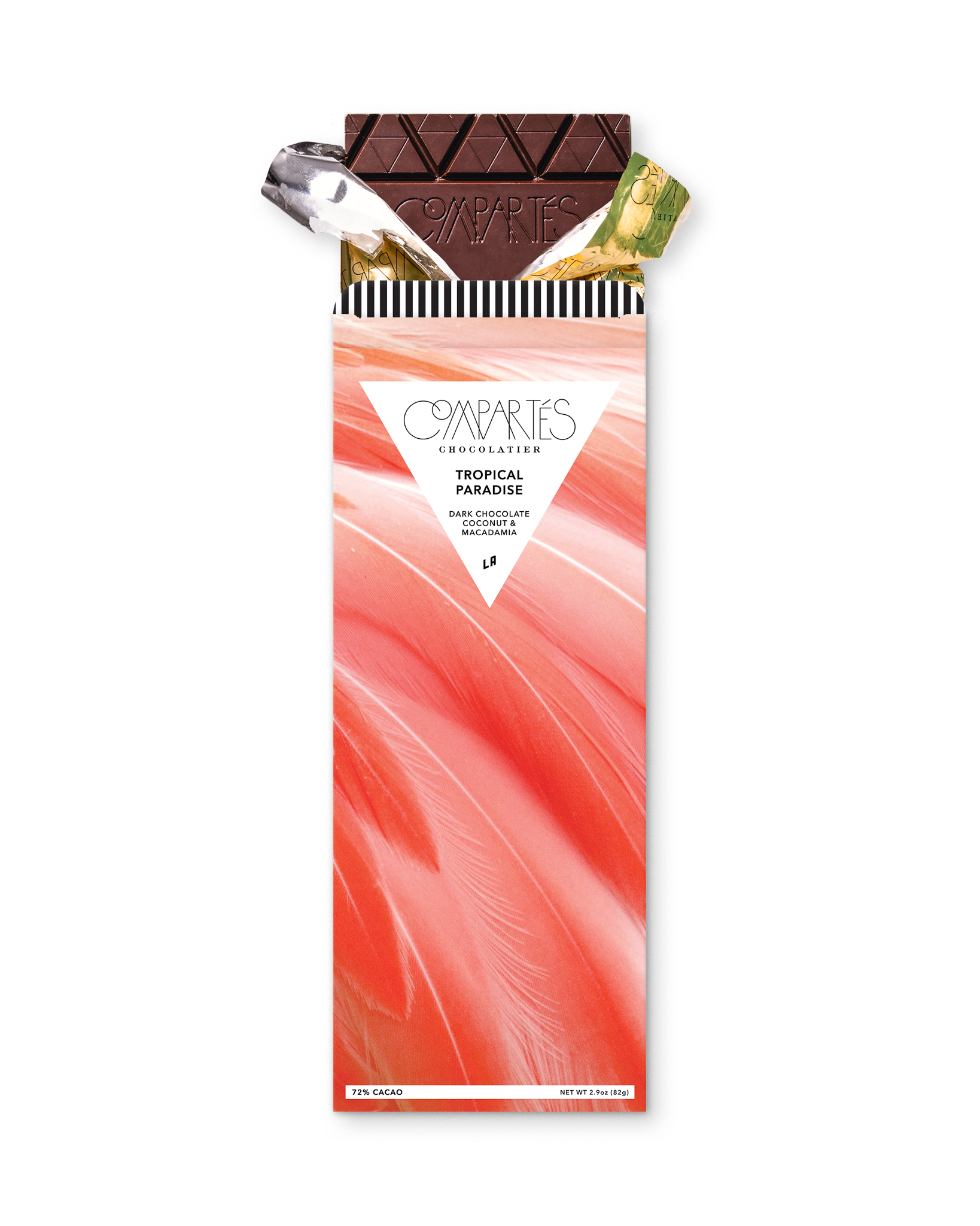 Compartes best tropical paradise dark chocolate bar, pink feather wrapper art, coconut and macadamia, chocolate gift